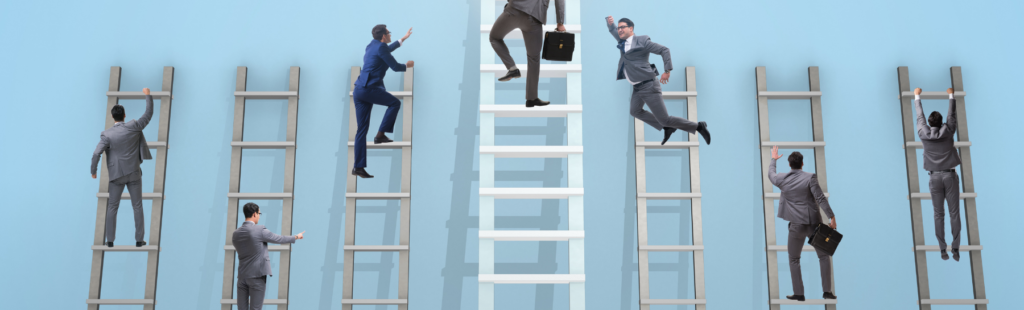 Corporate professionals climbing traditional ladders, representing the outdated career ladder progression model.