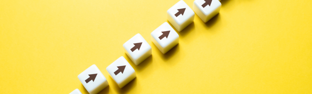 Yellow background with dice showing directional arrows, representing strategic lateral and diagonal career moves.